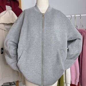Rhinestone Sleeve Bomber Jacket Gray